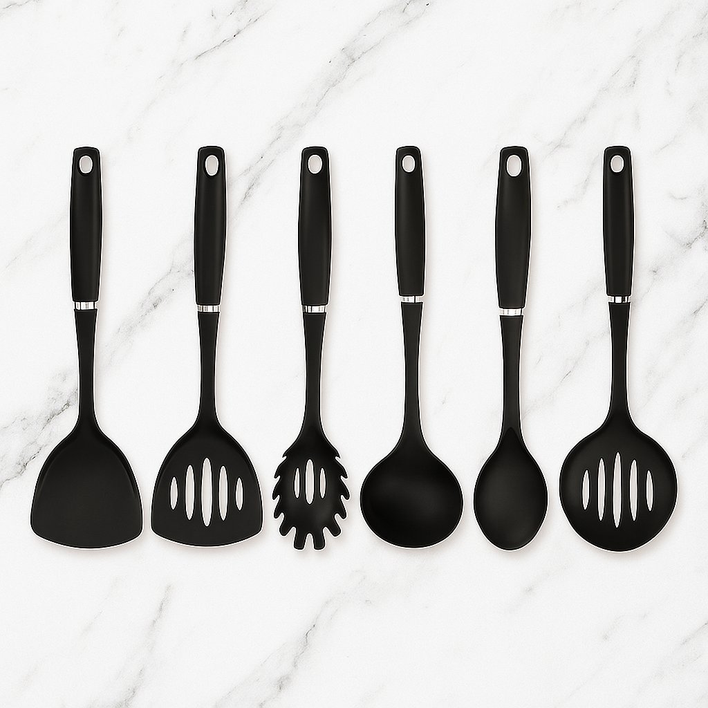 6-piece black kitchen utensil set with wood-look handles