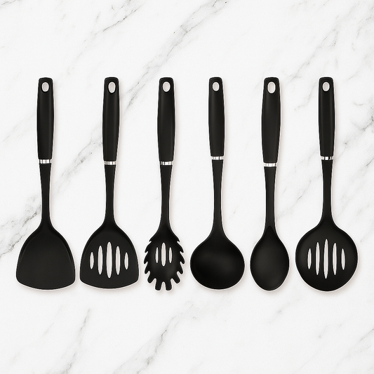 6-piece black kitchen utensil set with wood-look handles