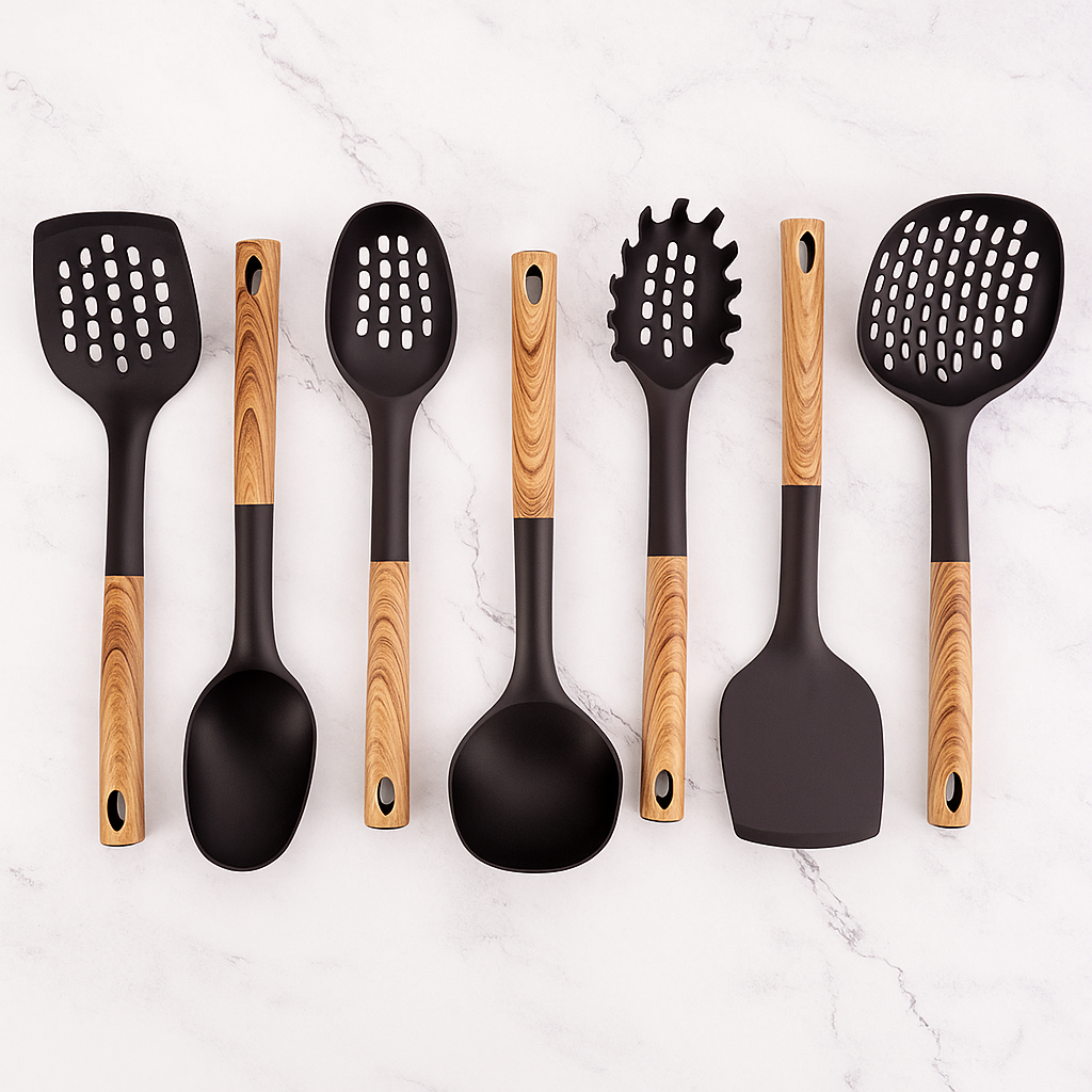 7-piece black kitchen utensil set with wood-look handles