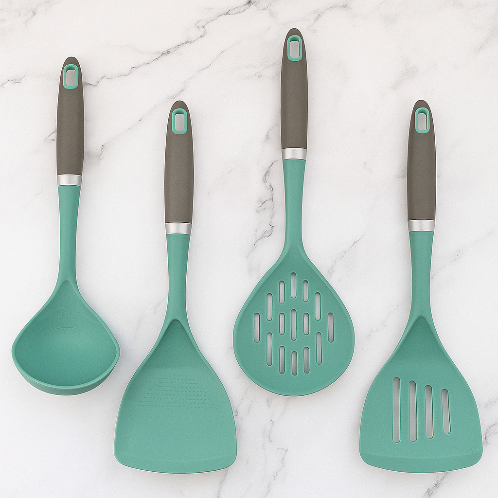 4-piece green kitchen utensil set with gray handles