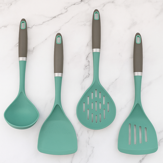 4-piece green kitchen utensil set with gray handles