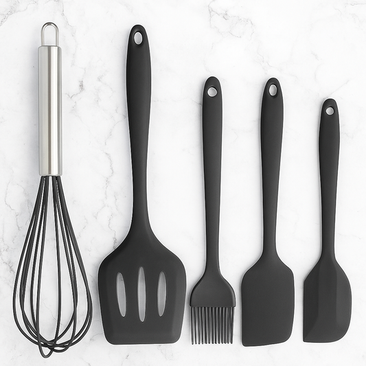 5-Piece Black Silicone Kitchen Utensil Set with Stainless Steel Whisk
