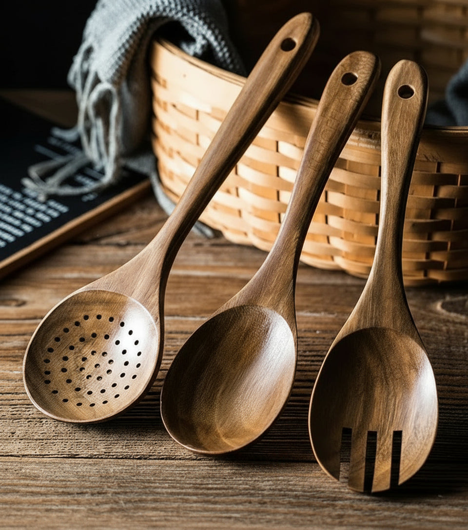 9-Piece Teak Wood Cooking Utensil Set with Holder