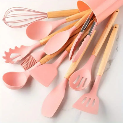 12-Piece Silicone and Wood Kitchen Utensil Set – Cooking Tools with Holder
