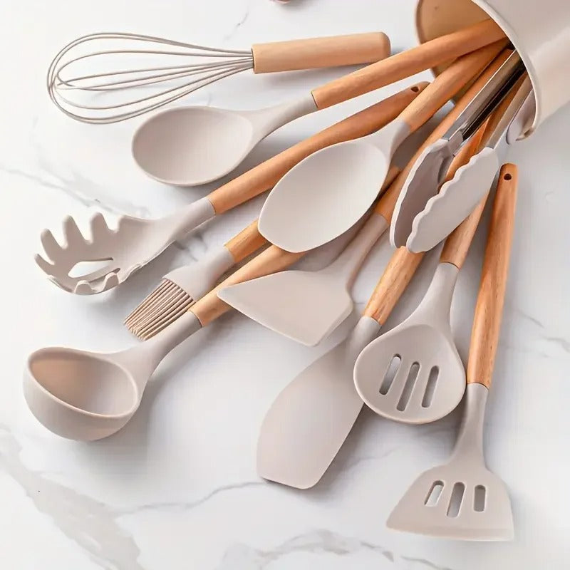 12-Piece Silicone and Wood Kitchen Utensil Set – Cooking Tools with Holder