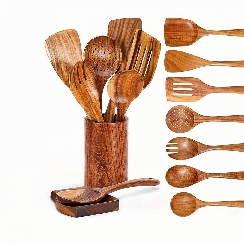 9-Piece Teak Wood Cooking Utensil Set with Holder