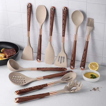 11-Piece Silicone Kitchen Utensil Set with Wood Grain Handles and Storage Bucket