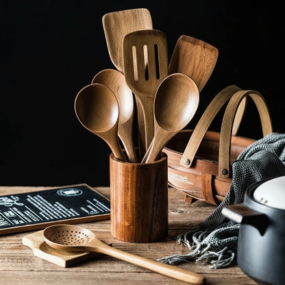9-Piece Teak Wood Cooking Utensil Set with Holder