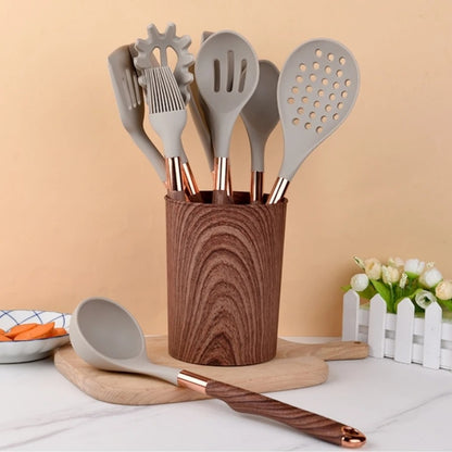 11-Piece Silicone Kitchen Utensil Set with Wood Grain Handles and Storage Bucket