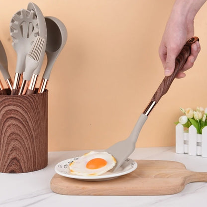 11-Piece Silicone Kitchen Utensil Set with Wood Grain Handles and Storage Bucket