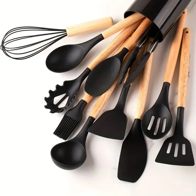 12-Piece Silicone and Wood Kitchen Utensil Set – Cooking Tools with Holder